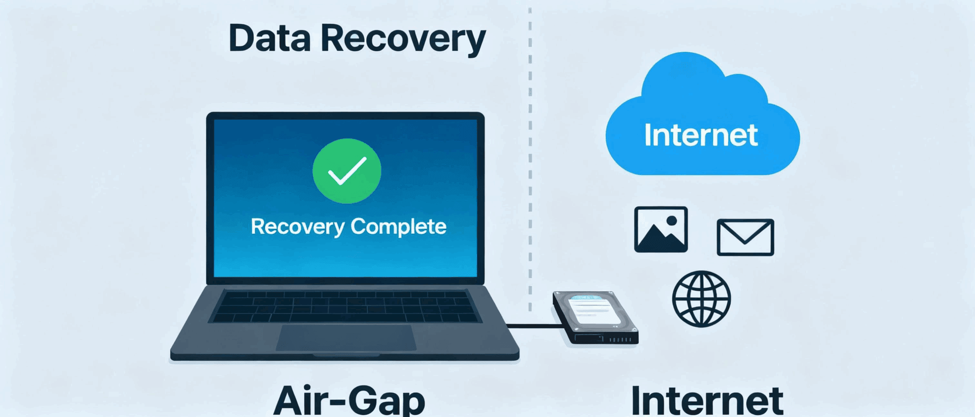 Air-gapped data recovery with XRecovery, illustrating secure offline restoration through physical isolation architecture.