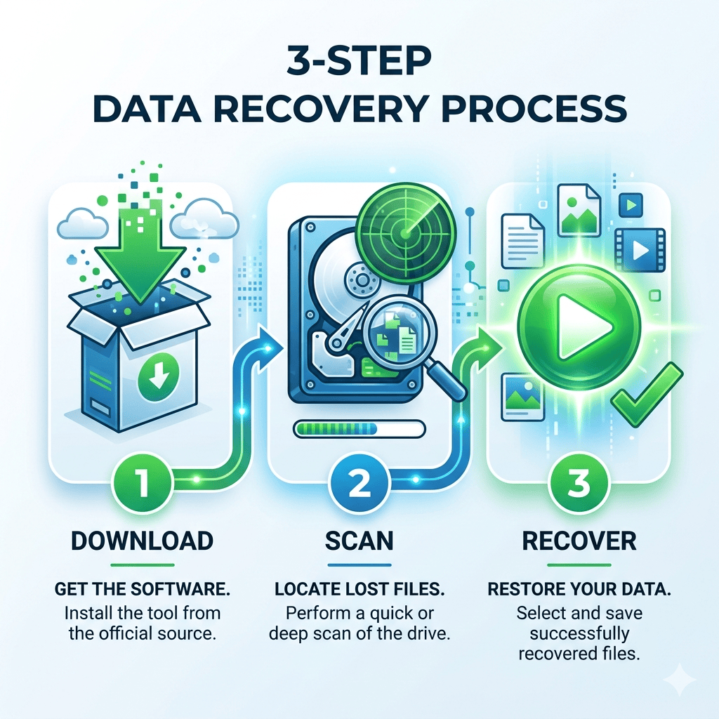 Three-step visual guide for data recovery showing download, scan, and recover stages with hard drive and play button icons.