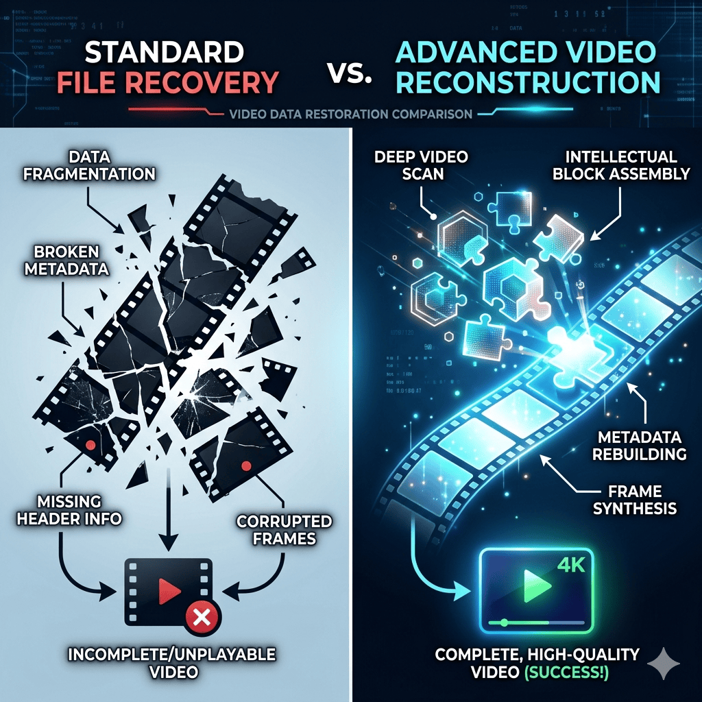 Infographic comparing standard file recovery of fragmented data versus advanced video reconstruction using digital puzzle pieces.