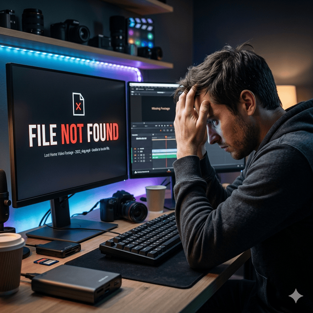 Frustrated man sitting at a modern PC setup looking at a monitor displaying a File Not Found error after losing video footage.