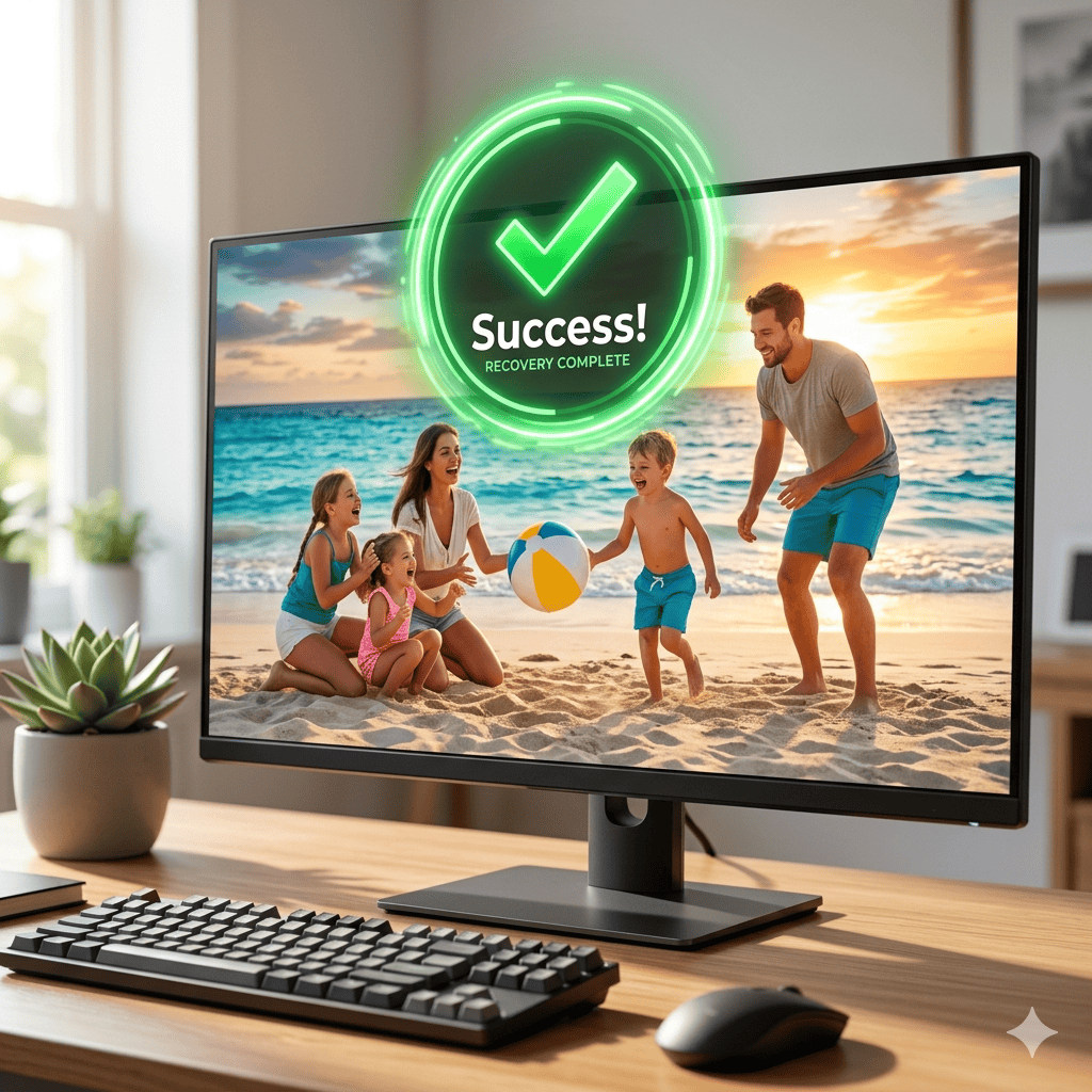 Modern PC monitor displaying a successfully restored high-quality family vacation video, overlaid with a glowing green success checkmark.