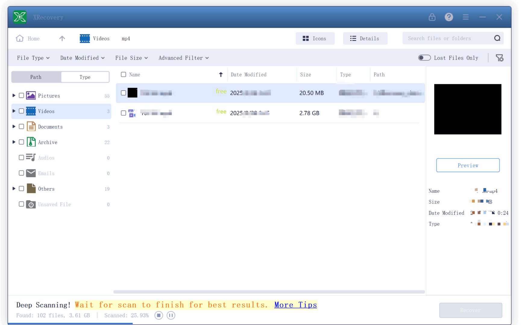 XRecovery video restoration software interface on a PC displaying a grid of successfully recovered 4K video thumbnails.