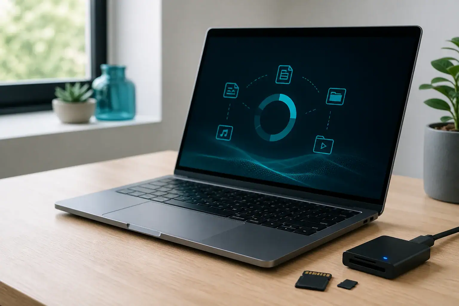 SD card, card reader and Windows laptop prepared for a safe data recovery workflow