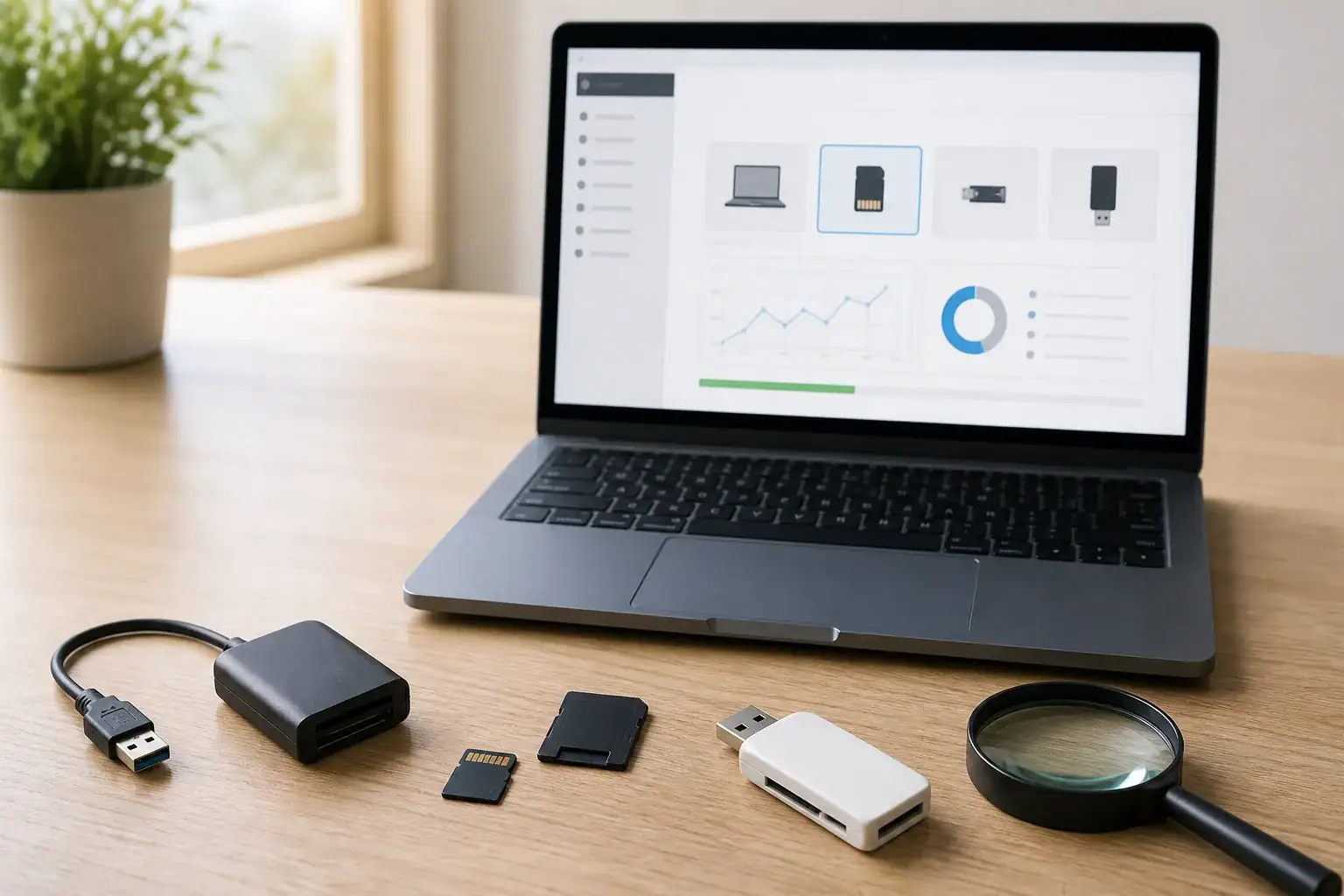 SD card, adapters and card readers arranged for non-destructive troubleshooting on Windows