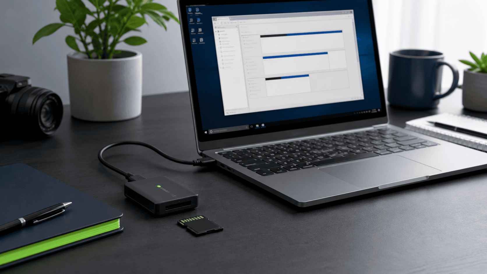 SD card and USB card reader connected to a Windows laptop for safe troubleshooting