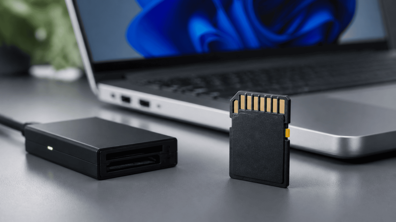 SD card lock switch beside a card reader and Windows laptop