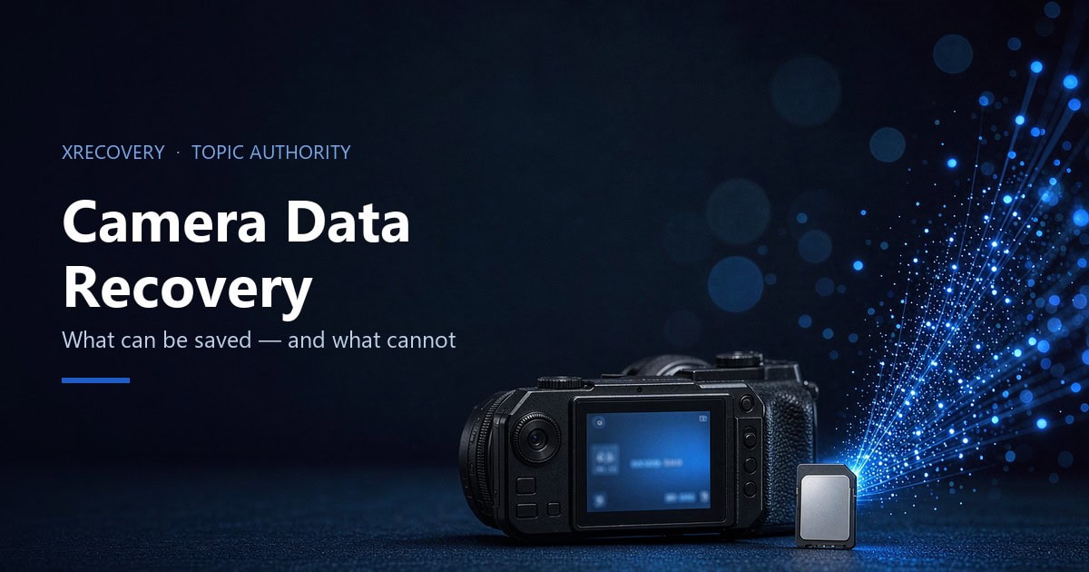 Camera body and SD memory card on a dark surface with blue data-recovery light