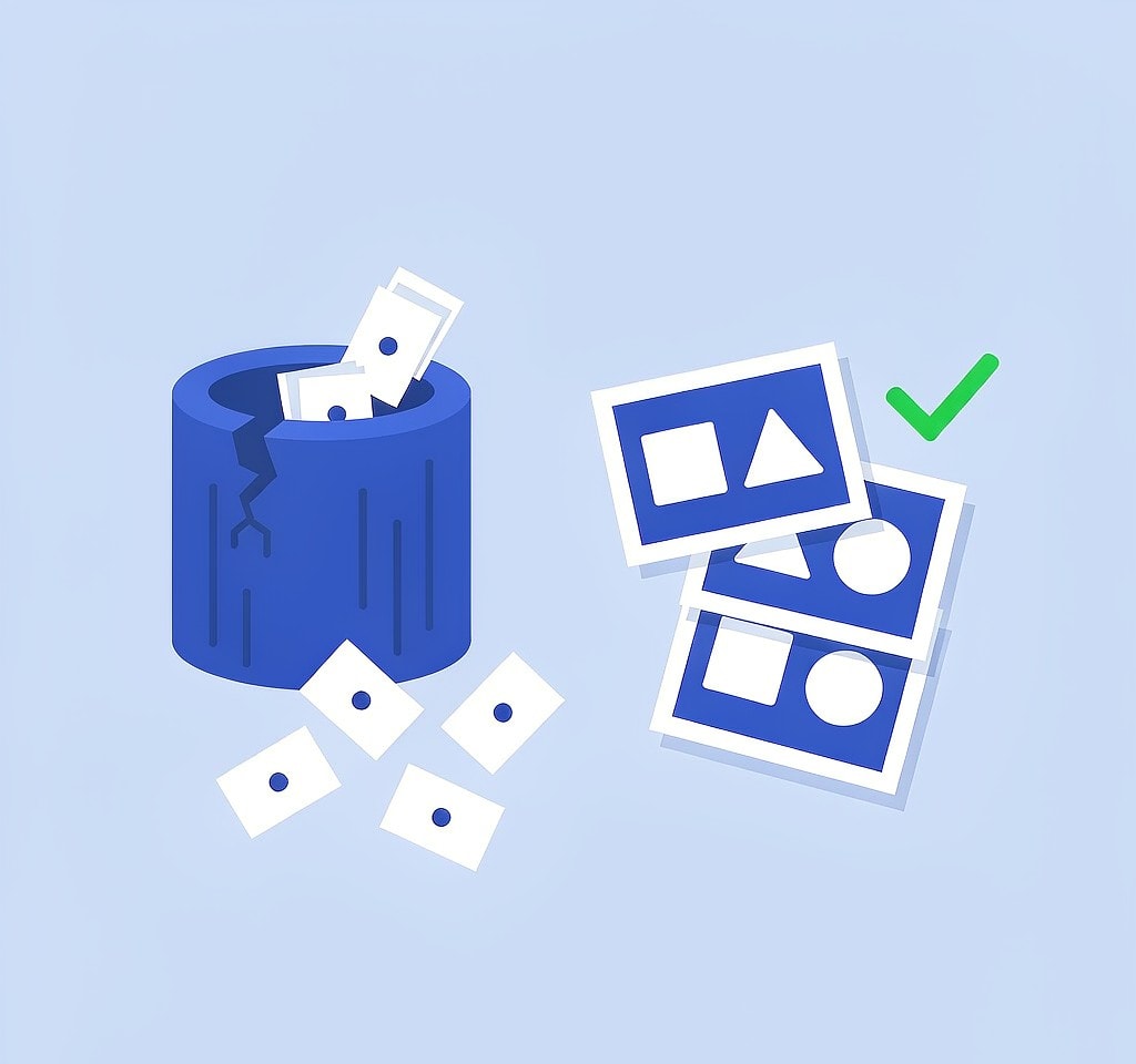 A broken catalog database beside intact photo files in a studio workflow