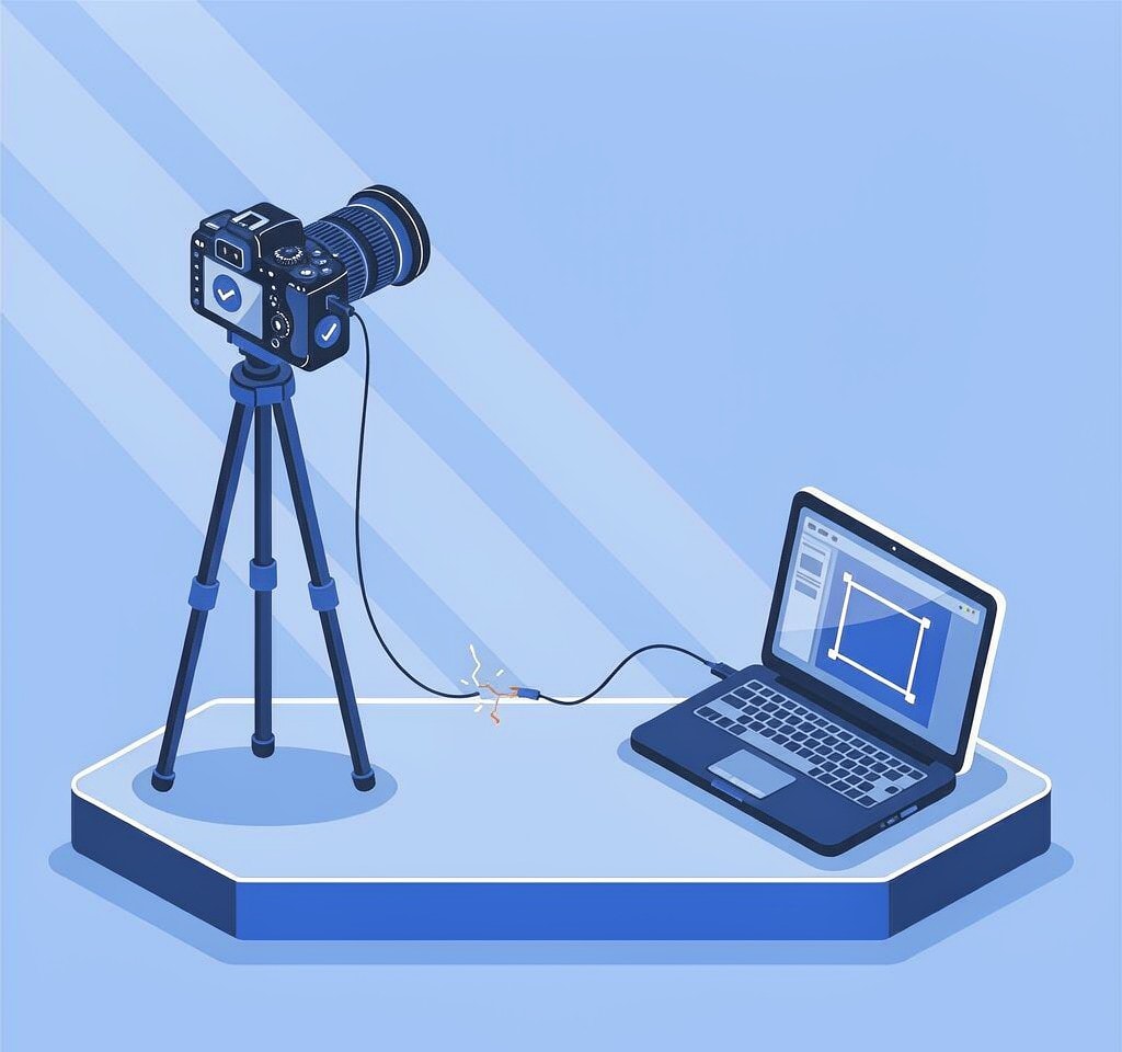 A tethered studio capture chain breaking mid-frame