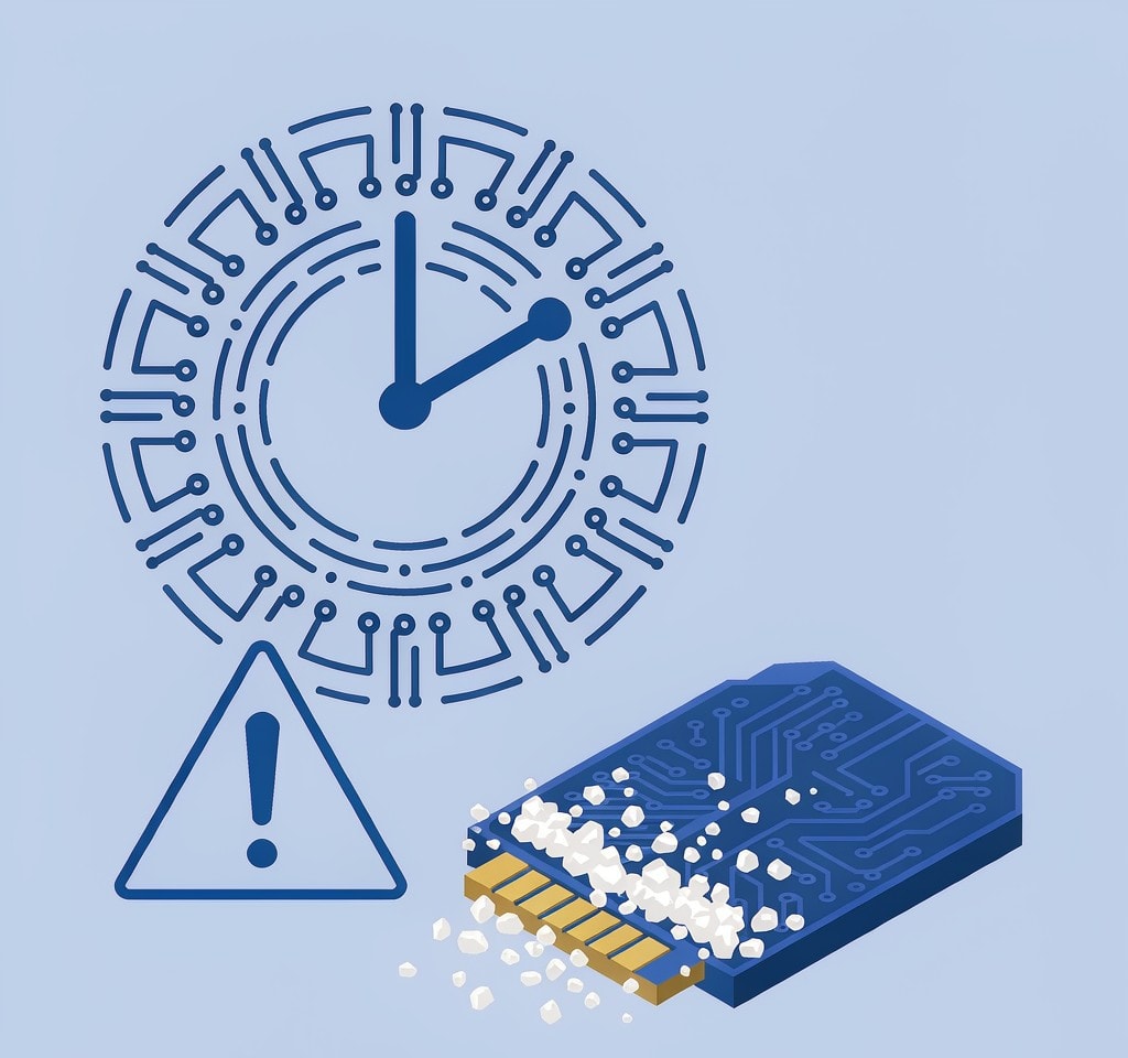 The salt clock: corrosion continuing on a flooded camera card after drying