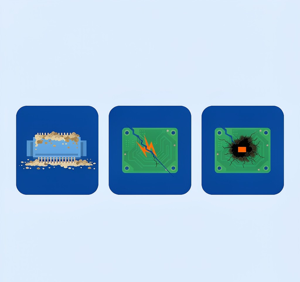 Three grades of physical card damage from contaminated contacts to internal electrical failure