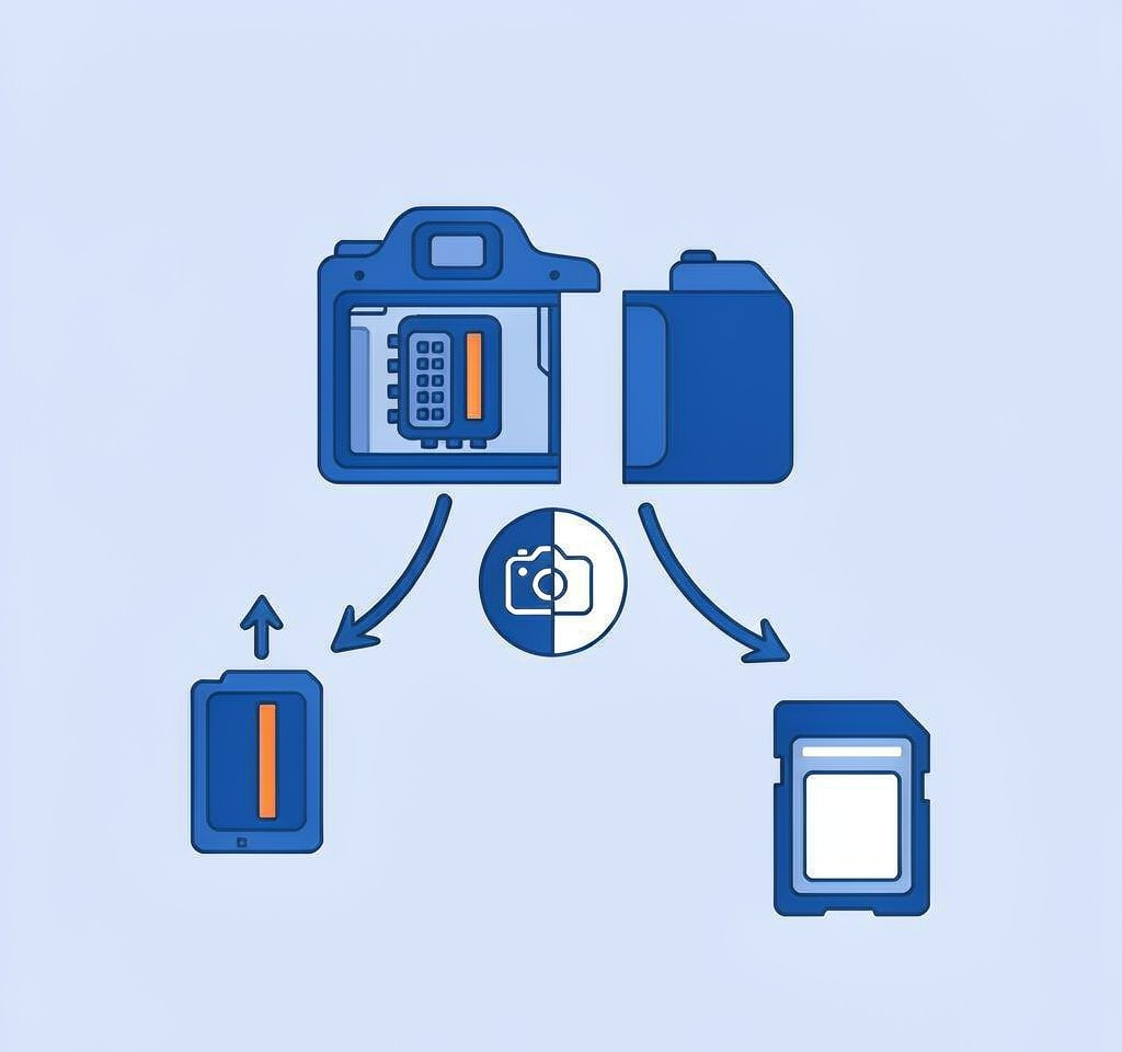 A camera whose footage is split between a removable card and soldered internal memory