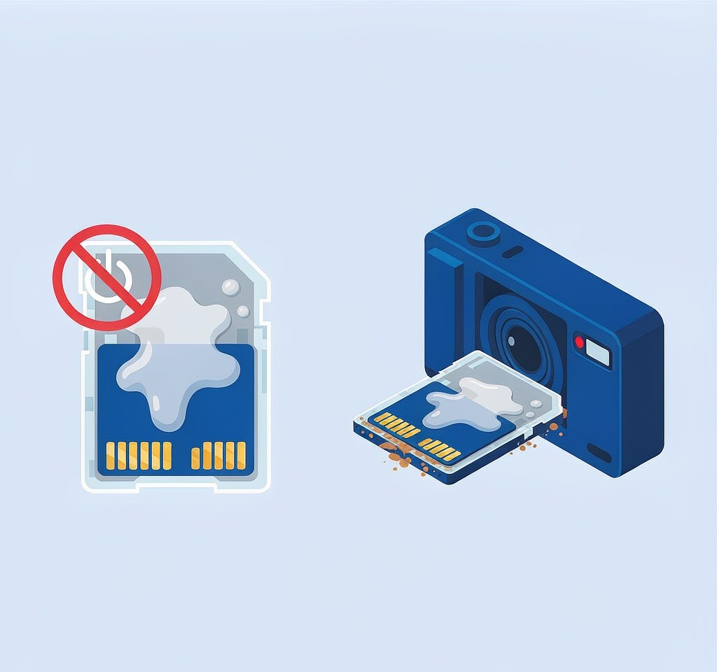 A wet card that was never powered compared with one left in a powered camera