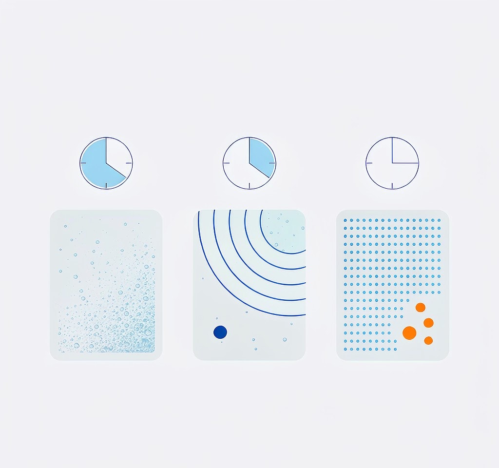 Seawater, freshwater, and silt attacking a card on three different clocks