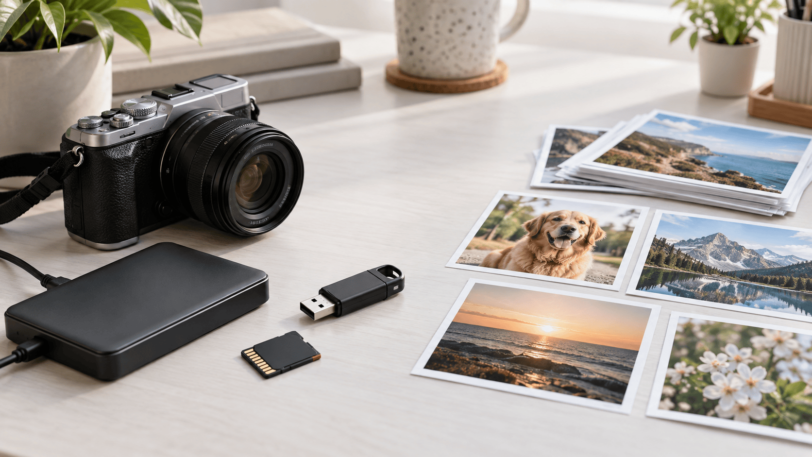 Camera, SD card, USB drive, external disk, and photo prints arranged on a recovery workspace