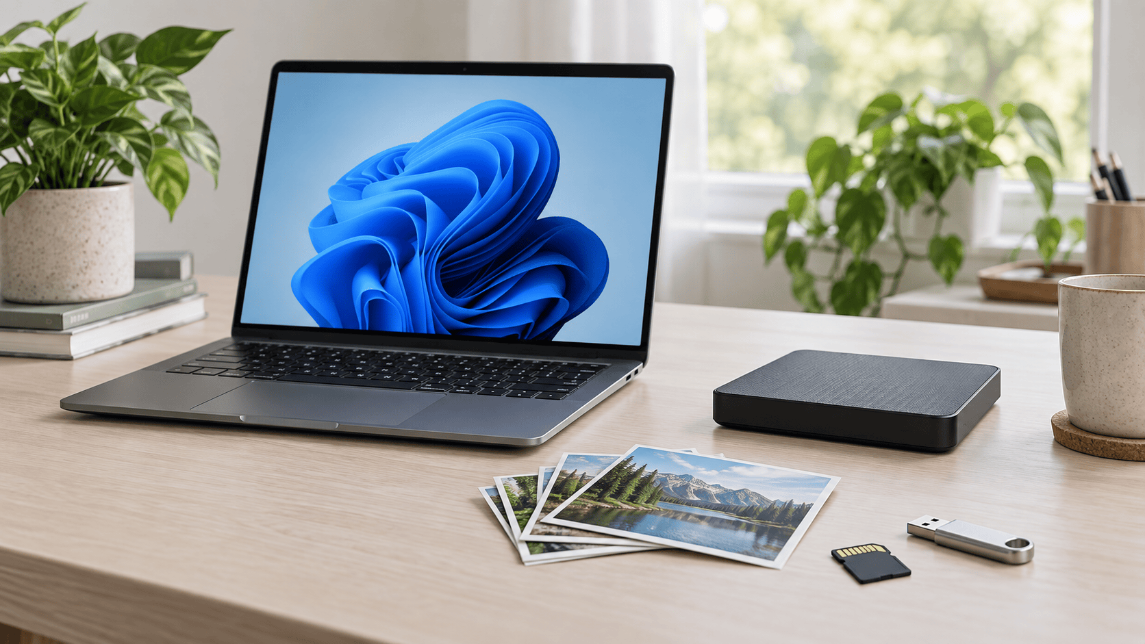 Windows laptop with external disk, SD card, USB drive, and photo prints on a clean desk