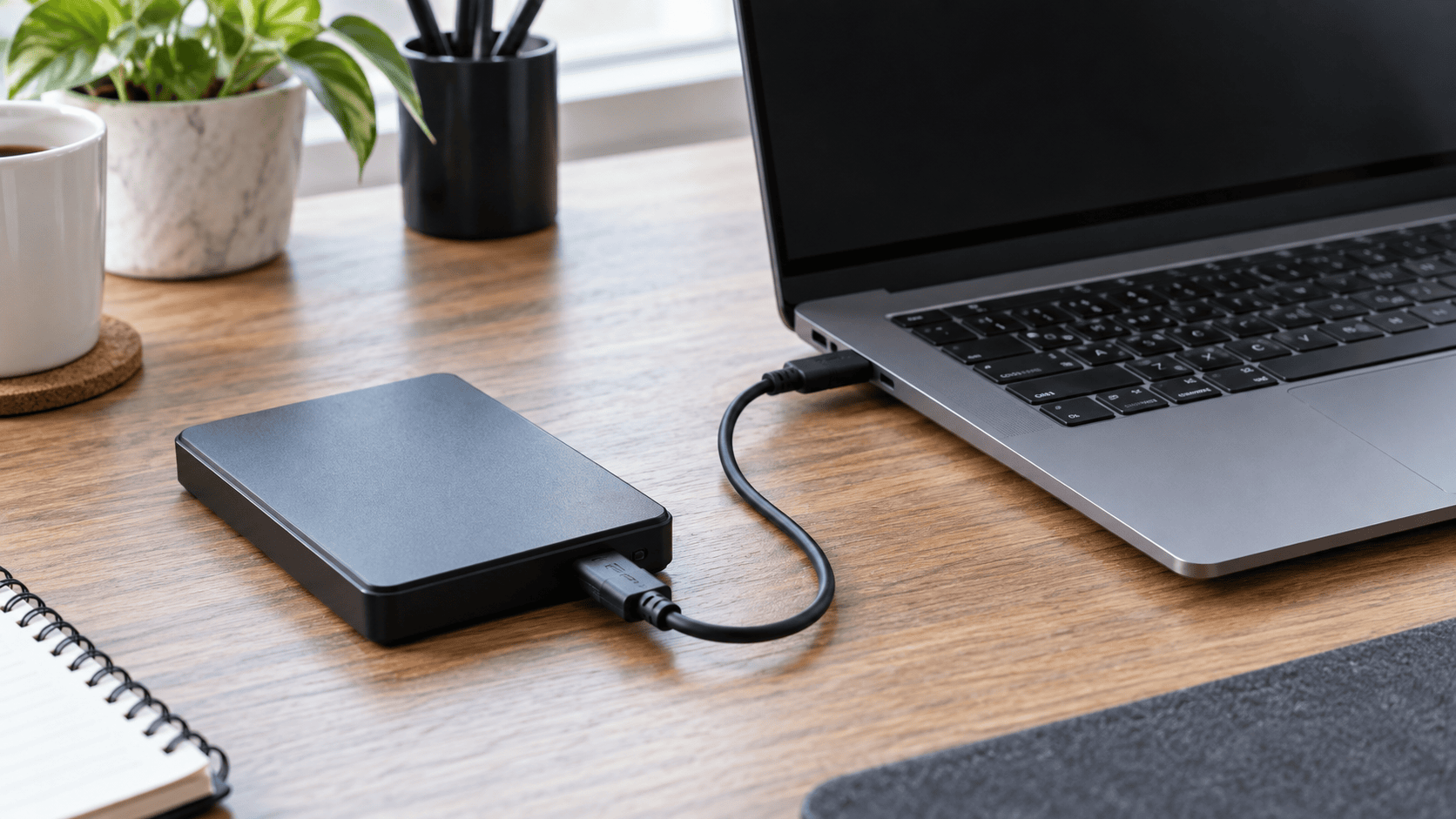 External hard drive connected to a laptop on a clean diagnostic desk