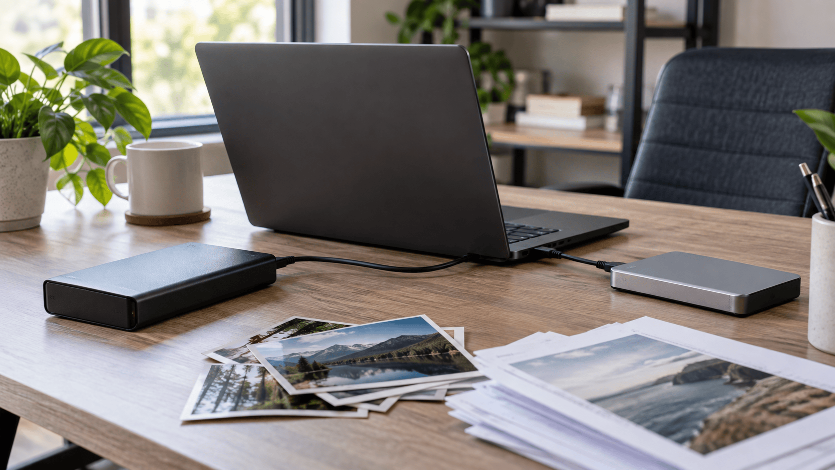Source hard drive and separate destination drive beside recovered photo prints