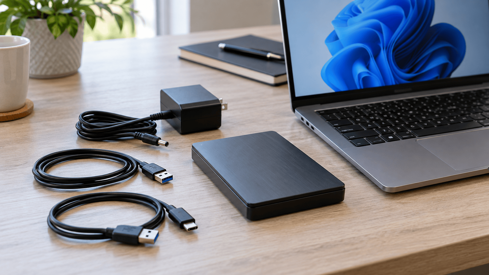 External hard drive with USB cables and power adapter beside a Windows laptop