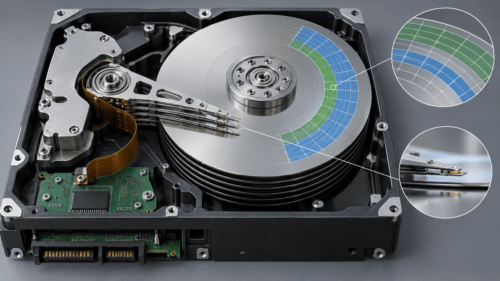 Technical cutaway illustration of hard drive platters, actuator heads, and sector regions