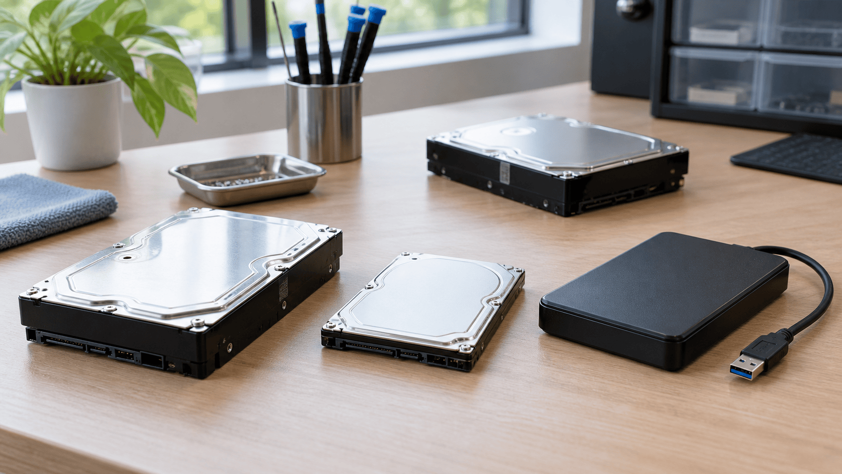 Internal and external hard drives arranged on a clean recovery workbench