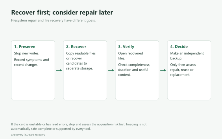 Preserve the source, recover to separate storage, verify files, then assess repair or replacement.