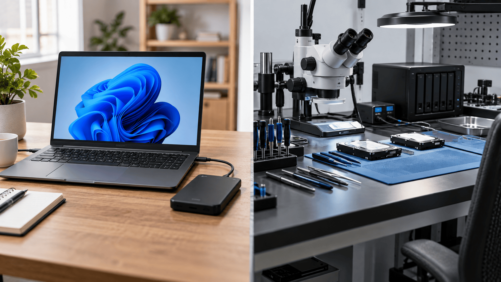 Windows software recovery workspace beside a professional storage diagnostic workbench