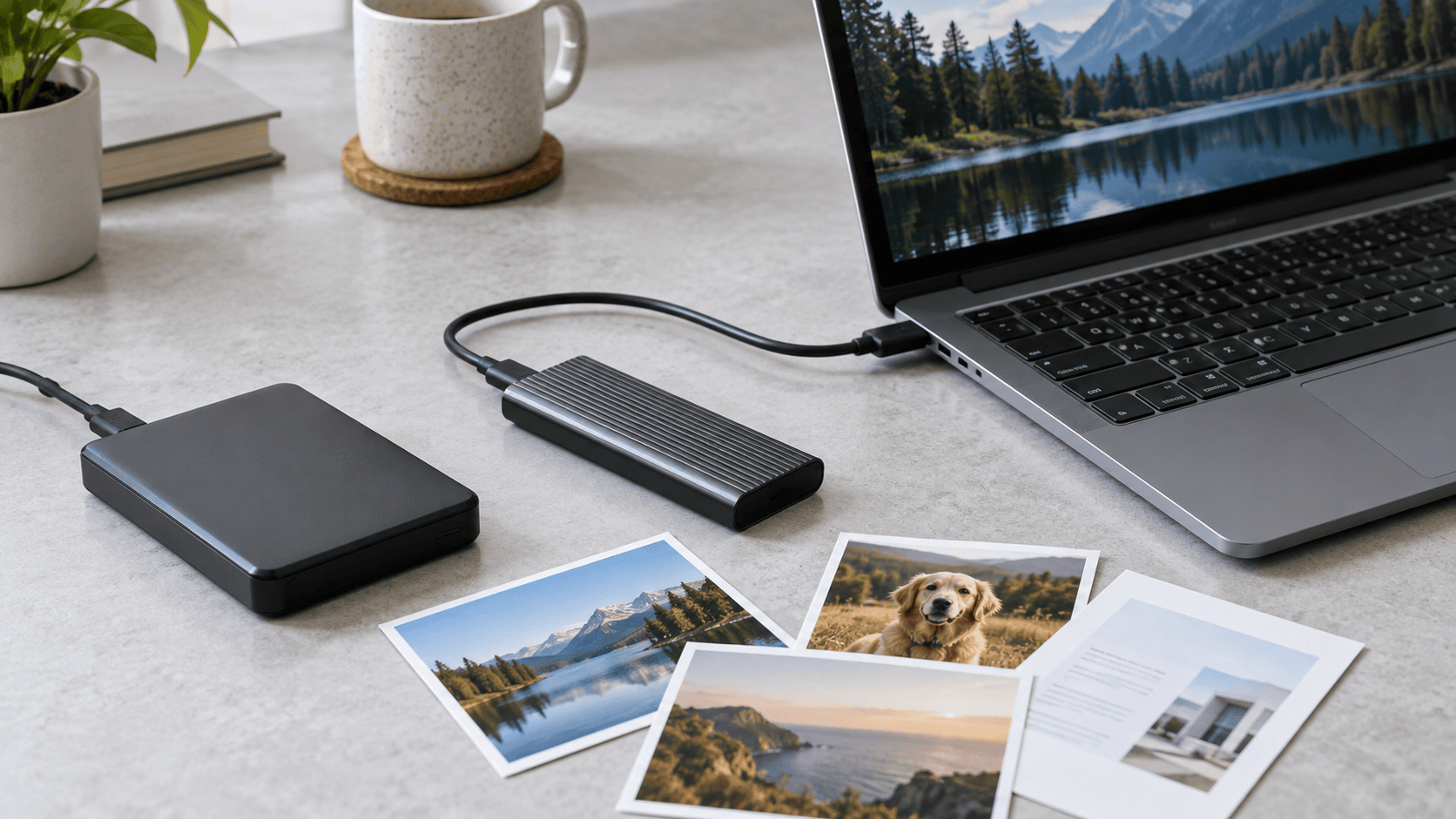 SSD enclosures, a Windows laptop, and recovered photo prints on a workbench