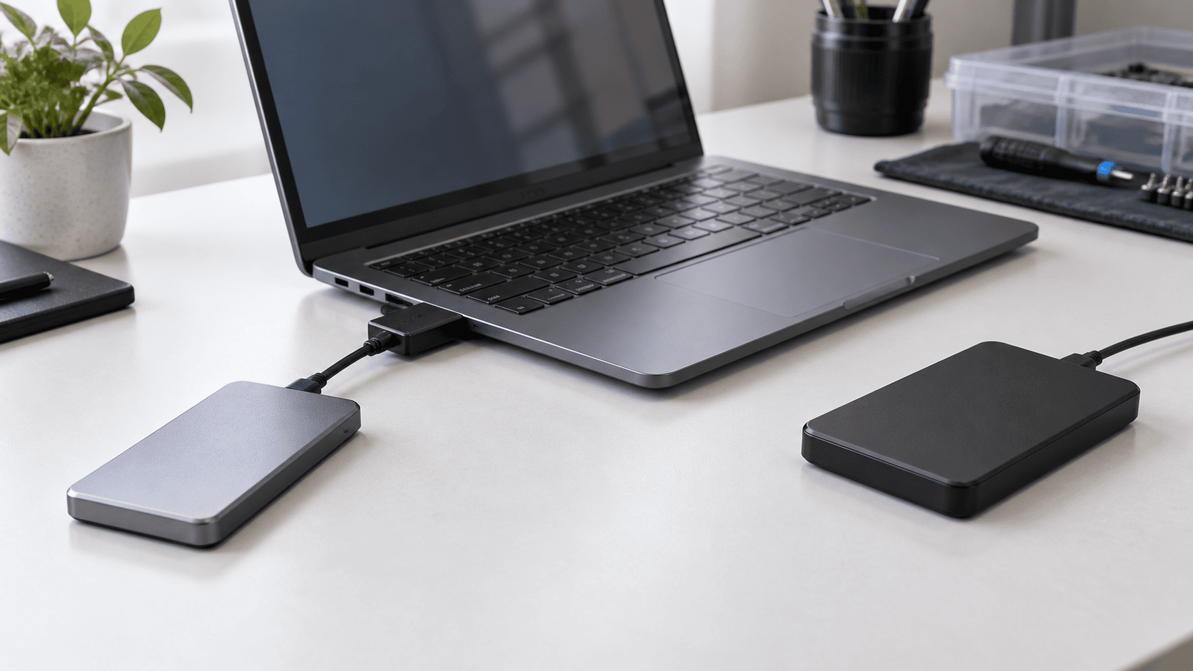 External SSDs connected at a clean Windows data recovery workstation