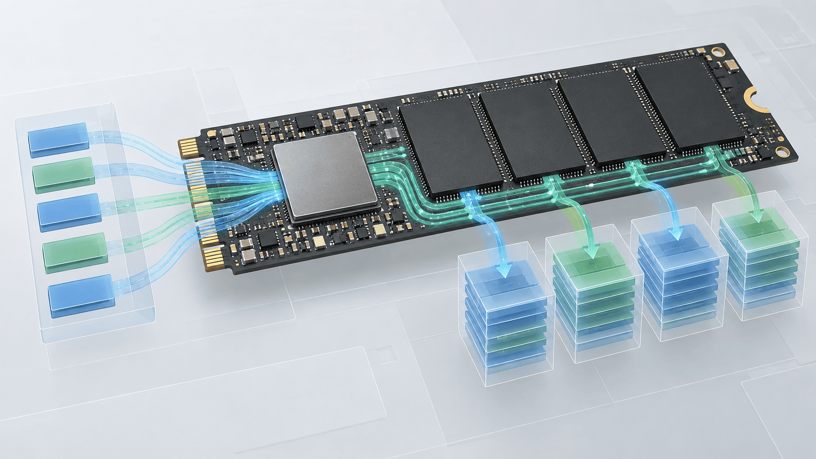 Technical illustration of an SSD controller mapping logical data paths to NAND packages