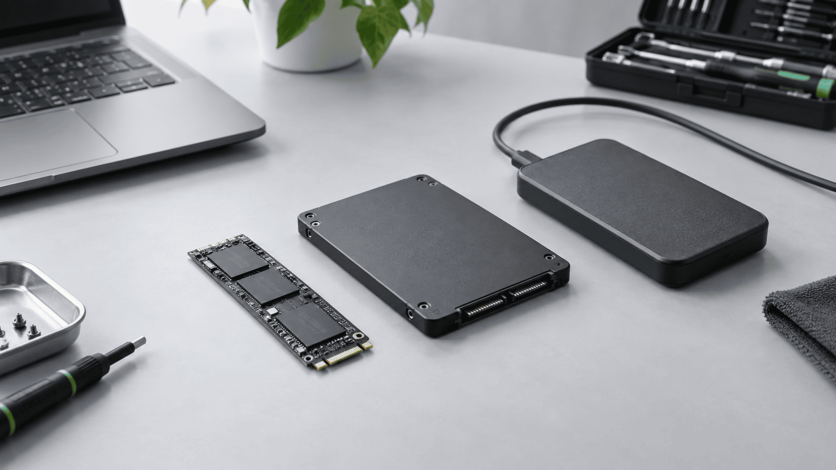 NVMe and SATA SSDs arranged with a separate destination drive on a recovery workbench