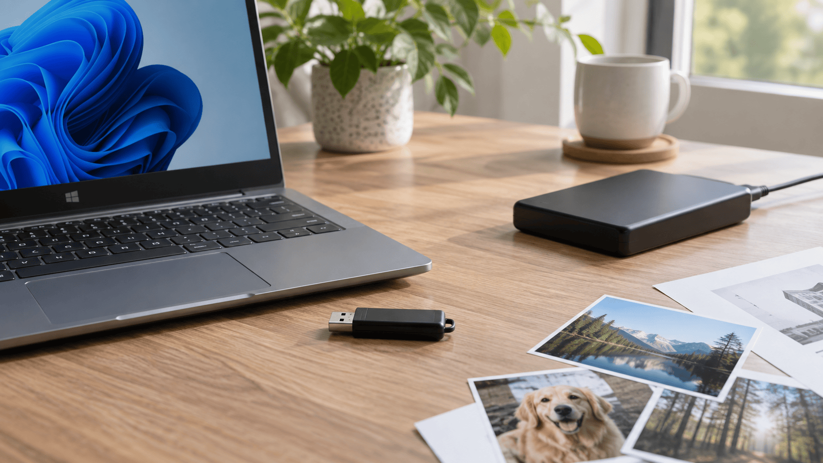 USB flash drive, Windows laptop, separate destination disk and media samples on a clean desk