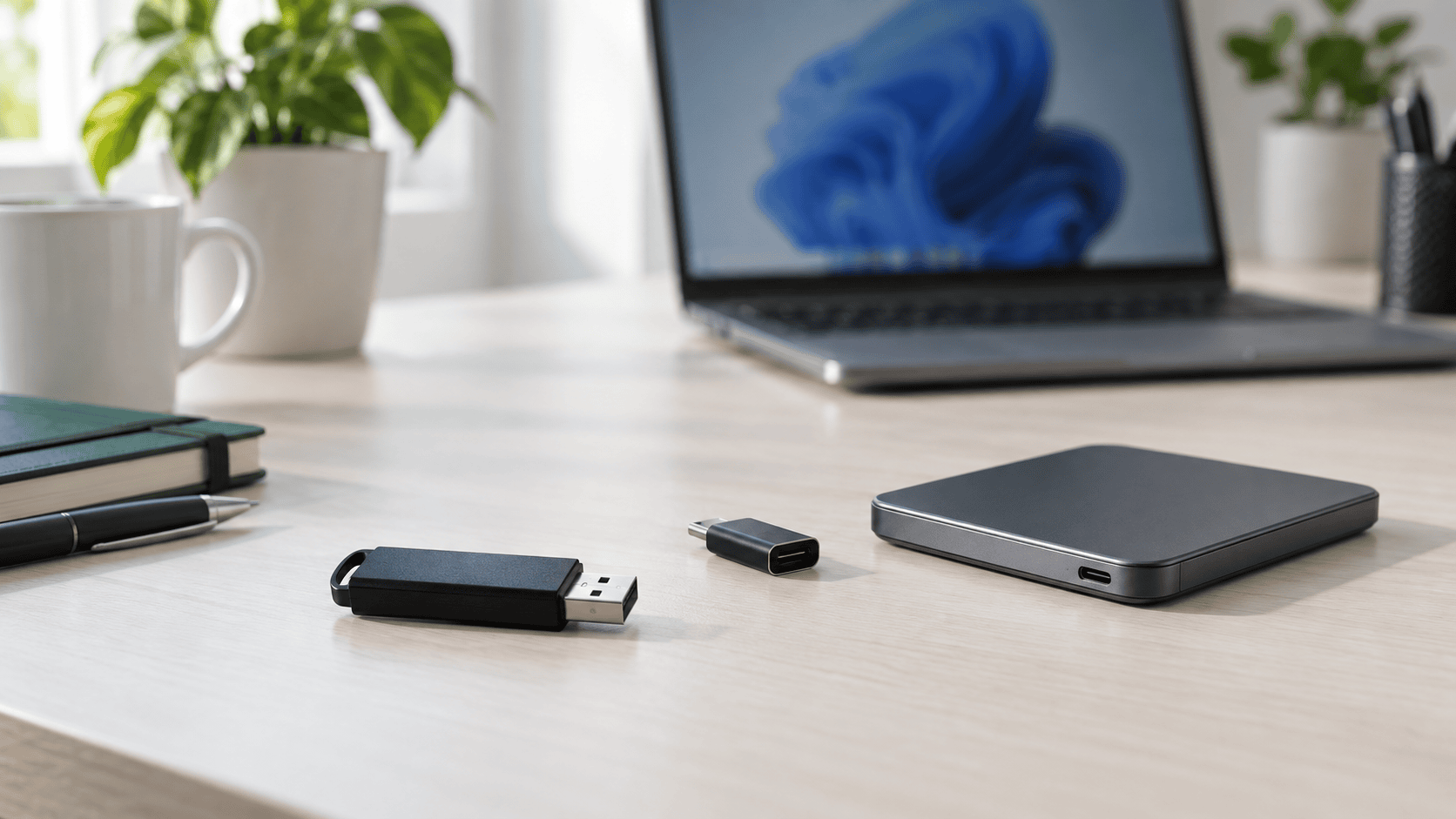 USB flash drive beside a separate external recovery destination on a clean desk