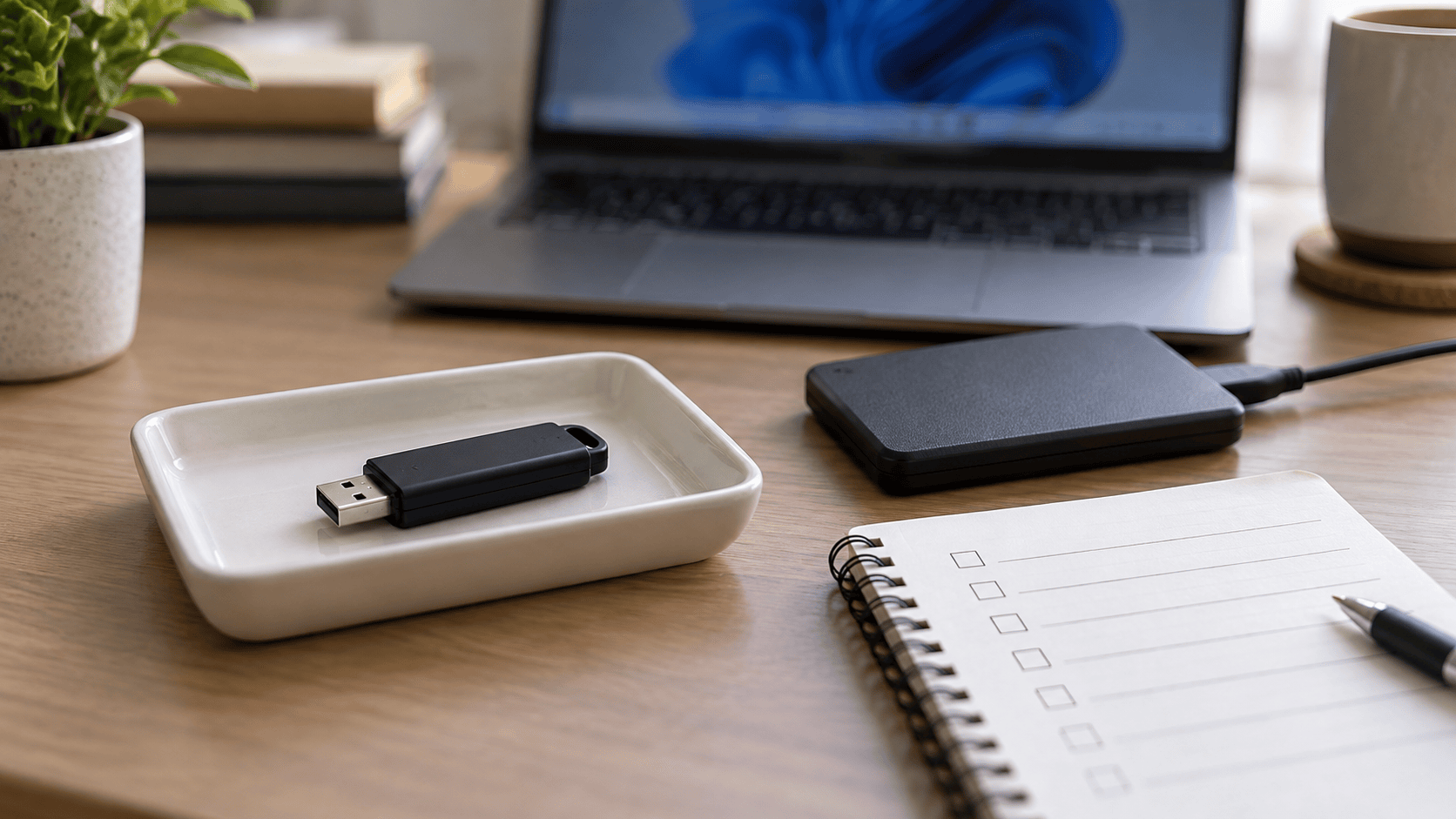 Disconnected USB flash drive with a checklist and a separate destination drive