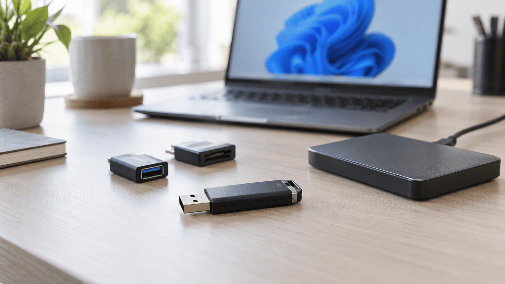 Intact USB flash drive with adapters and a separate external destination drive