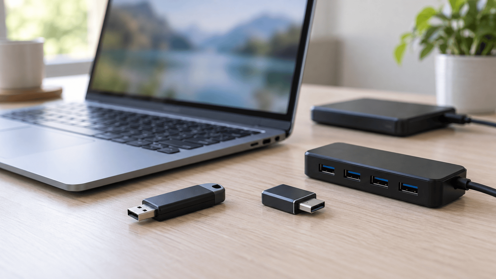 USB flash drive beside a Windows laptop, alternate adapter and powered USB hub