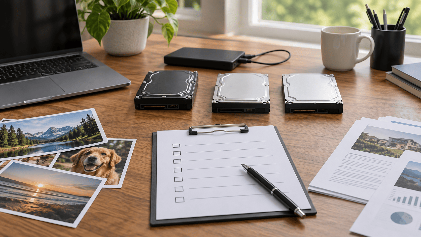 Hard drives, media samples, and a blank evaluation checklist on a recovery workbench