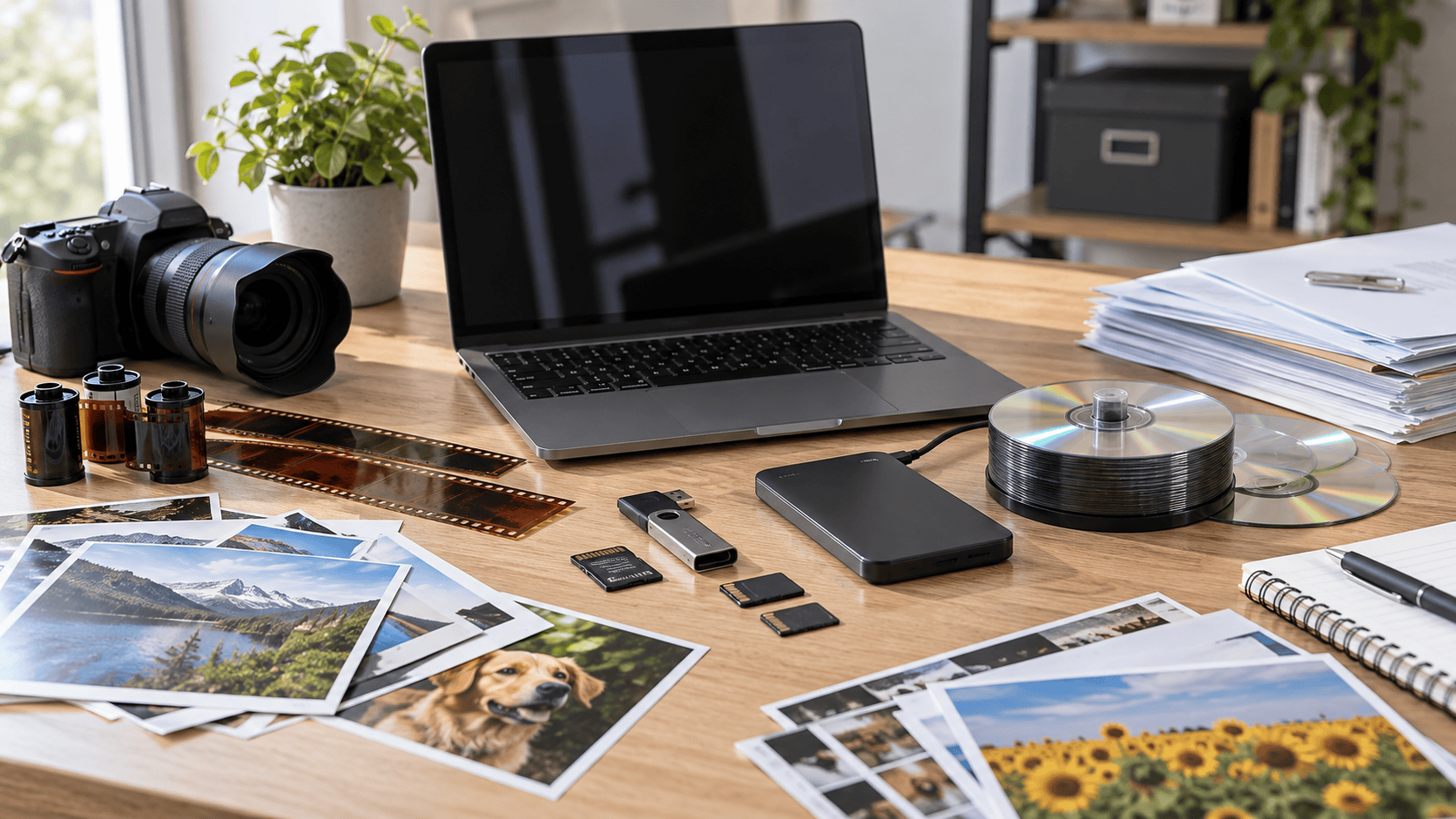 Recovery workstation with photo prints, film, documents, SD cards, USB drives, and external storage