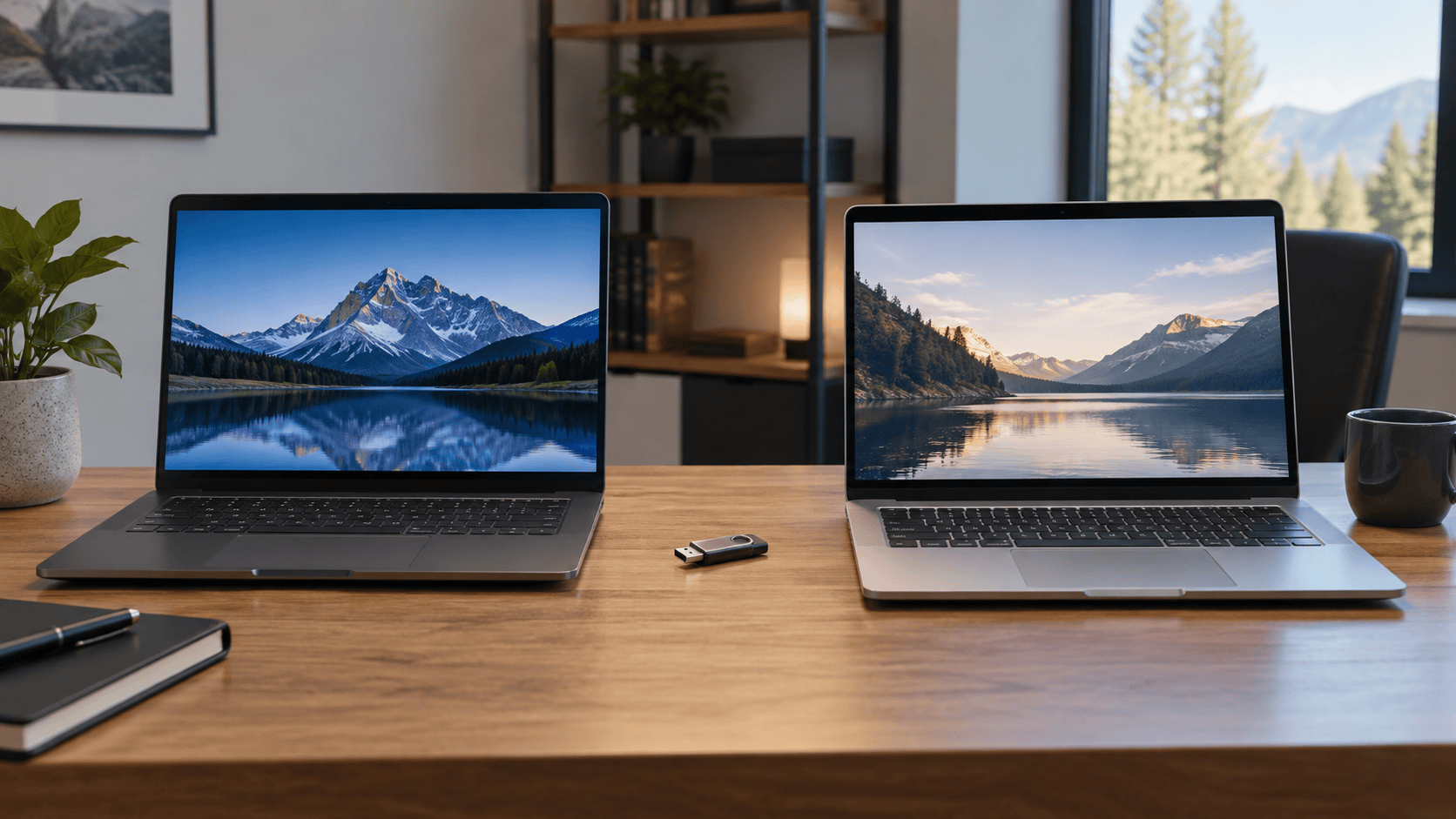 Two laptops with a USB flash drive positioned between them for offline metadata exchange