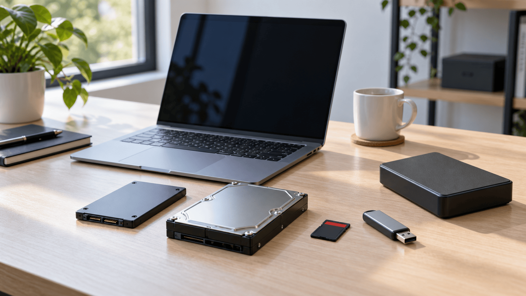 Windows recovery workstation with HDD, SSD, SD card, USB drive, and separate destination storage