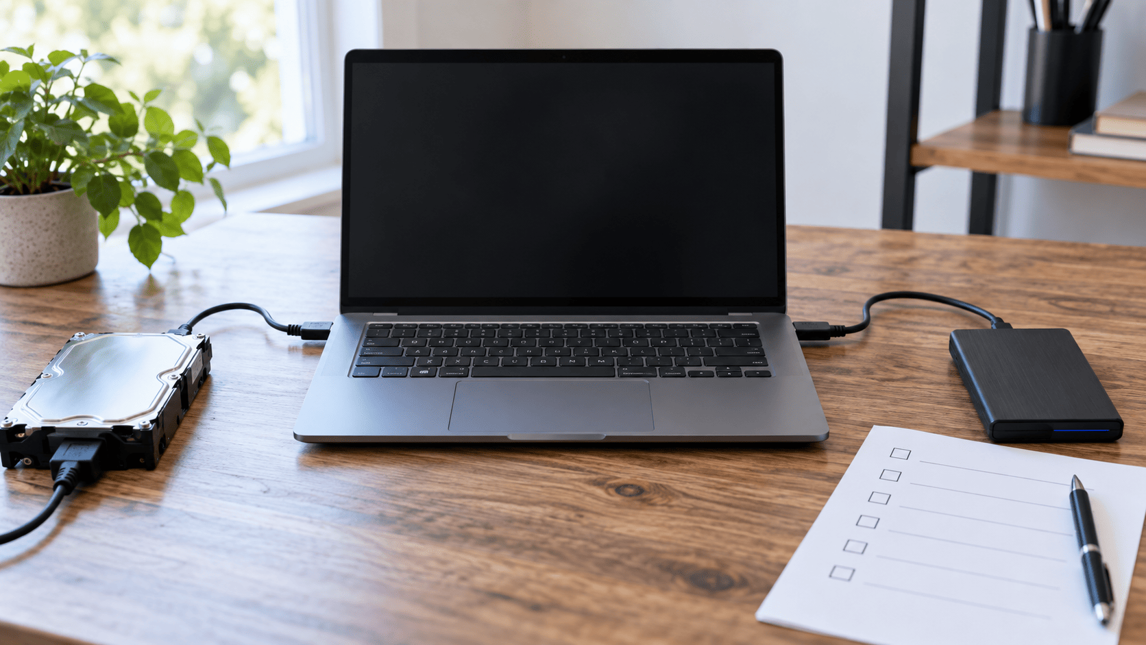 Windows laptop between a source hard drive and a separate destination drive with a blank checklist