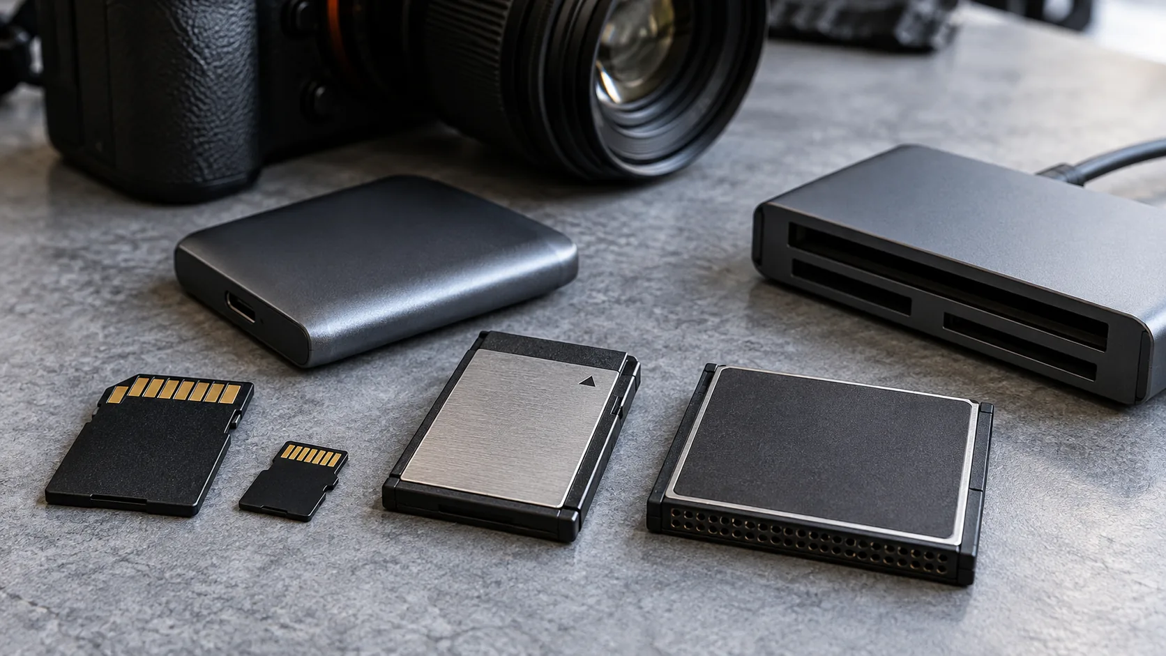 Differently sized camera memory cards beside a reader and compact external drive.