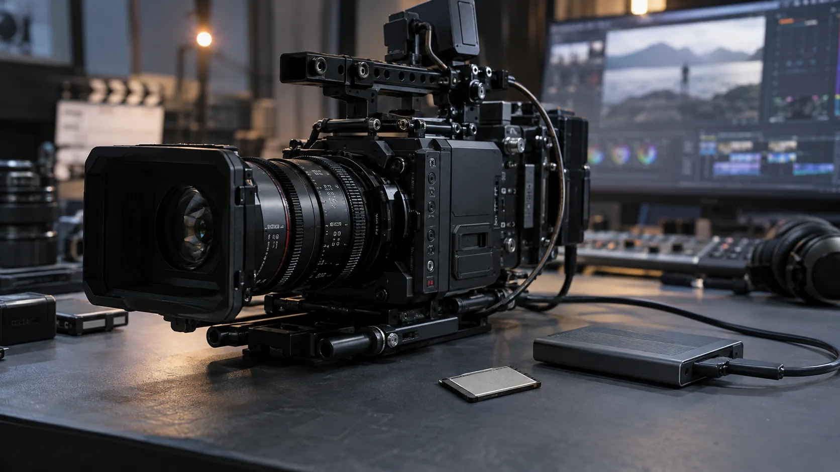 A cinema camera, removable recording card and external drive on an editing desk.