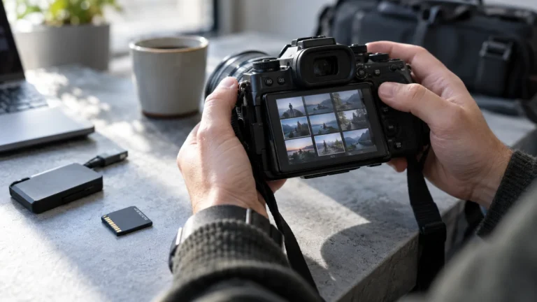 A photographer checks a camera photo grid beside a memory card and reader.