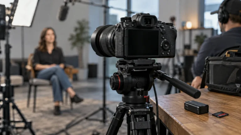 A camera with a dark rear display pauses on a video shoot beside a spare battery and card.