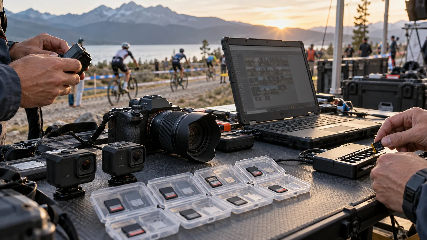 Multiple recording cameras and organized memory cards at a sports media workstation.