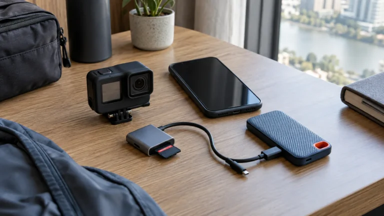 A phone, compact SSD, action camera and memory-card reader arranged for travel.