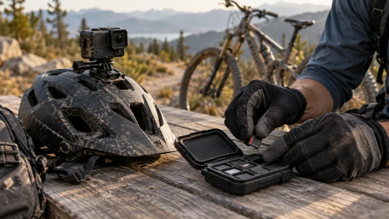 An action camera on a cycling helmet beside gloved hands organizing memory cards.