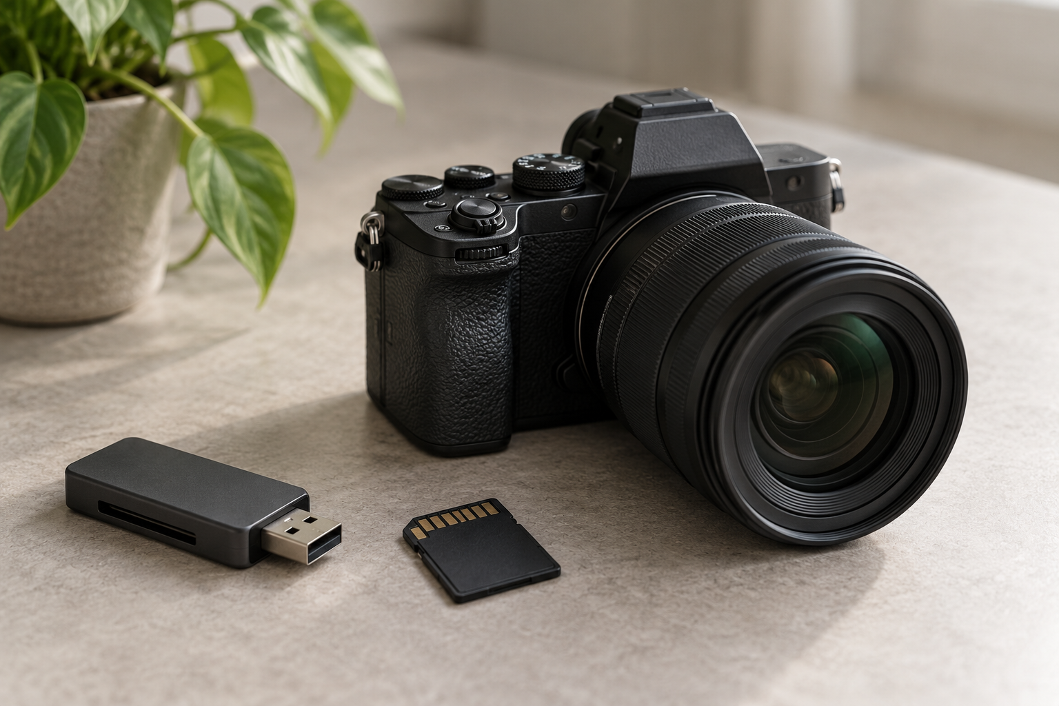 Camera, memory card and card reader on a tabletop