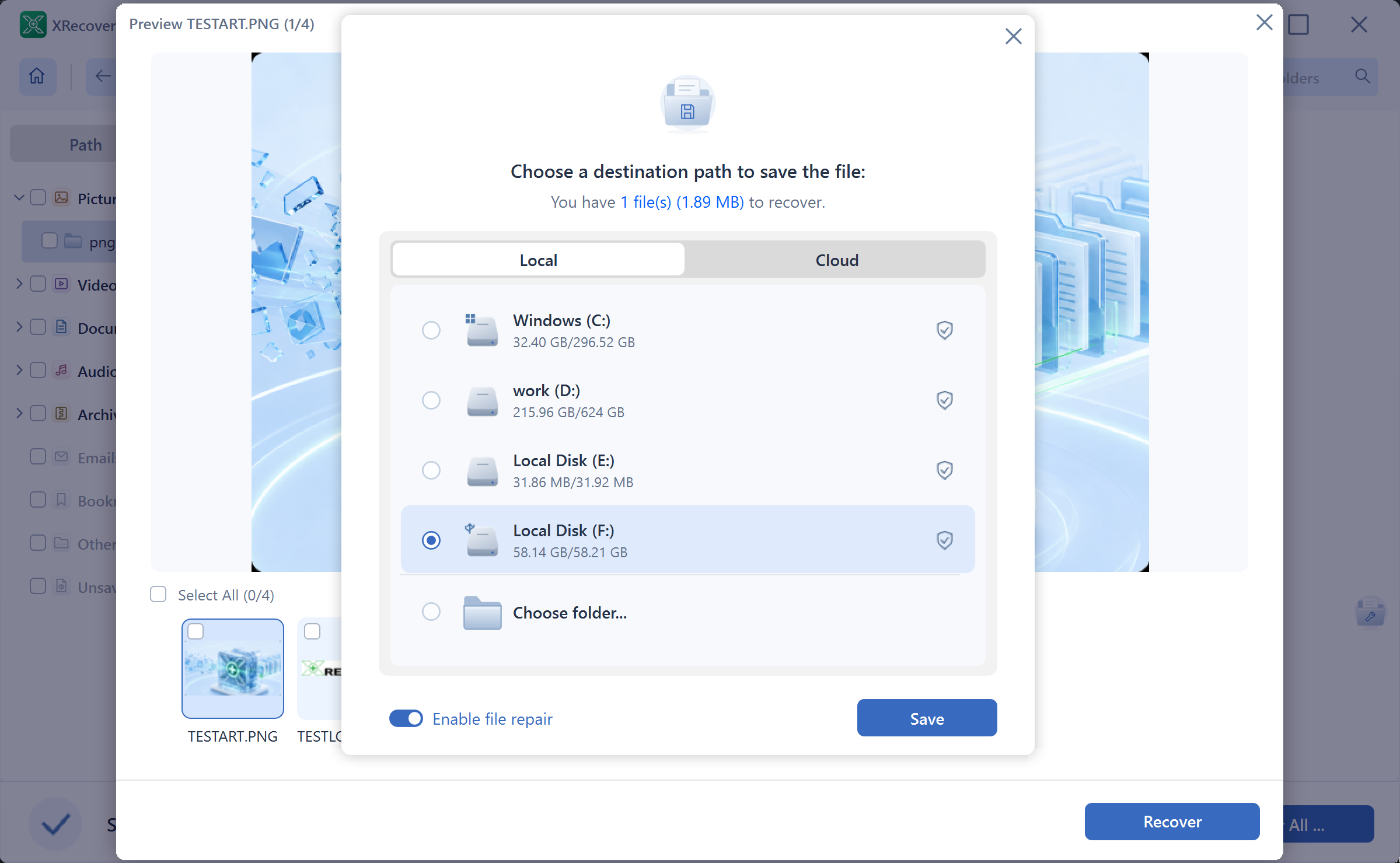 XRecovery destination dialog with external drive F selected for saving a test file.